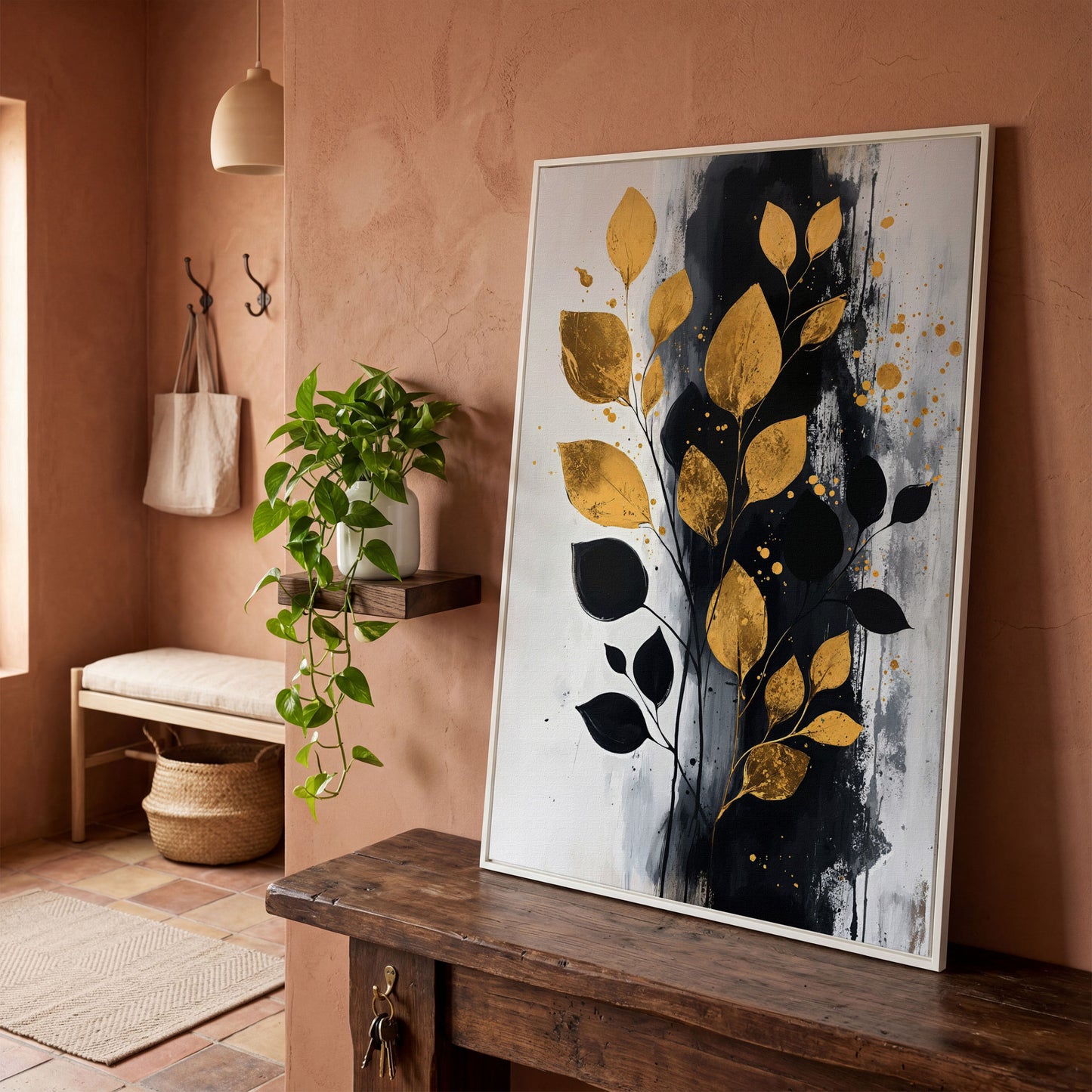 Modern Minimalist Botanical Leaf Canvas in white floating frame