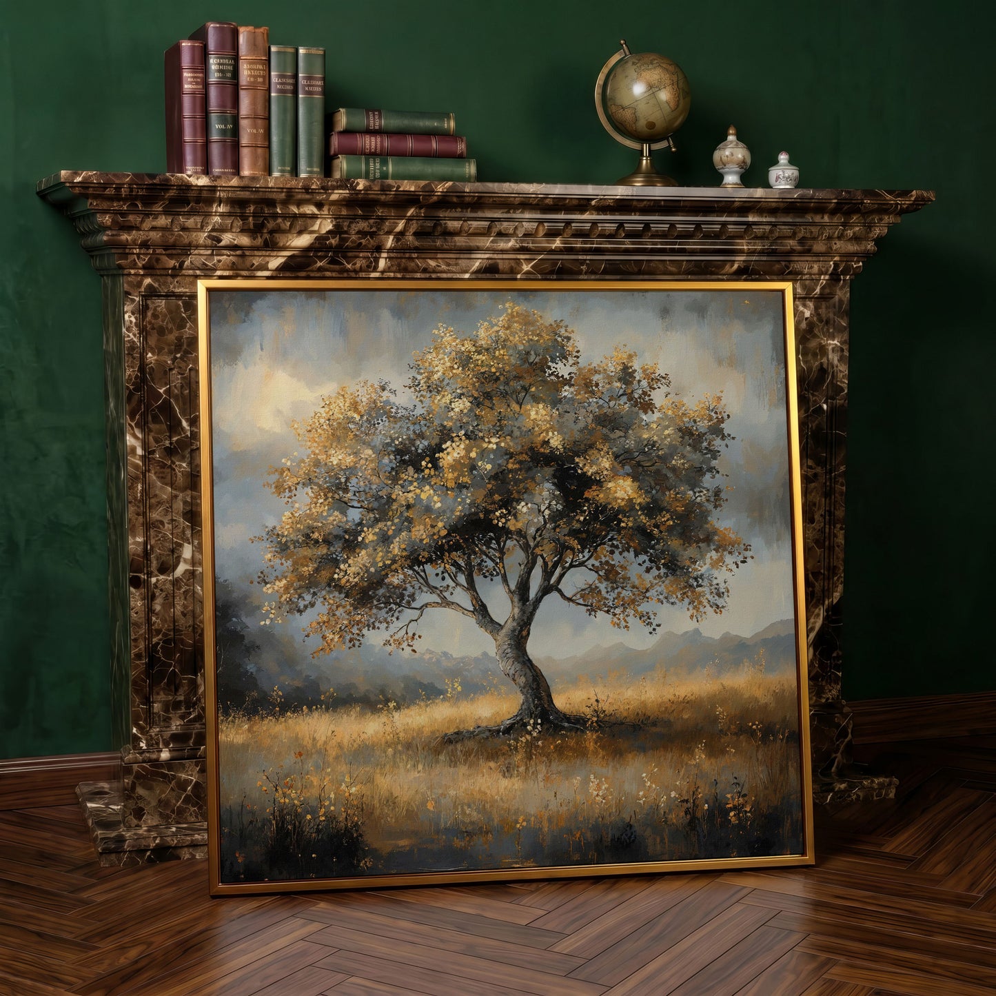 Serene Landscape Tree Canvas in antique gold floating frame