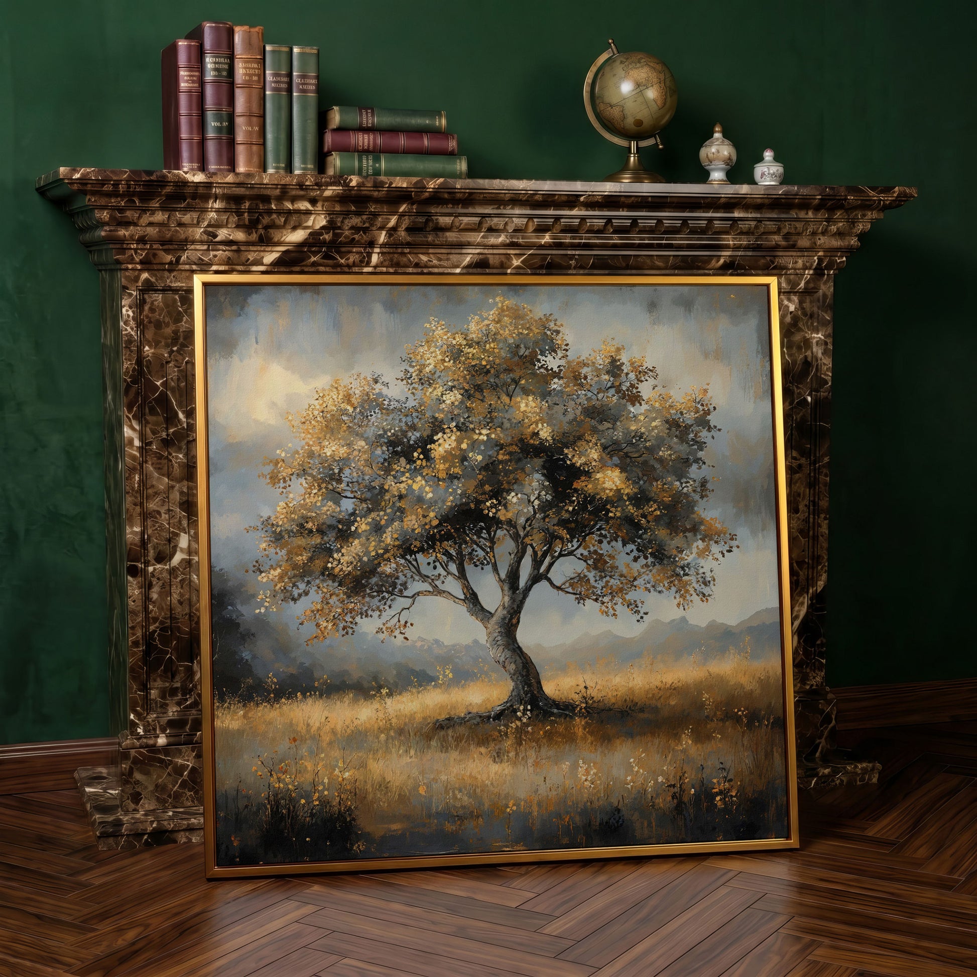 Serene Landscape Tree Canvas in antique gold floating frame