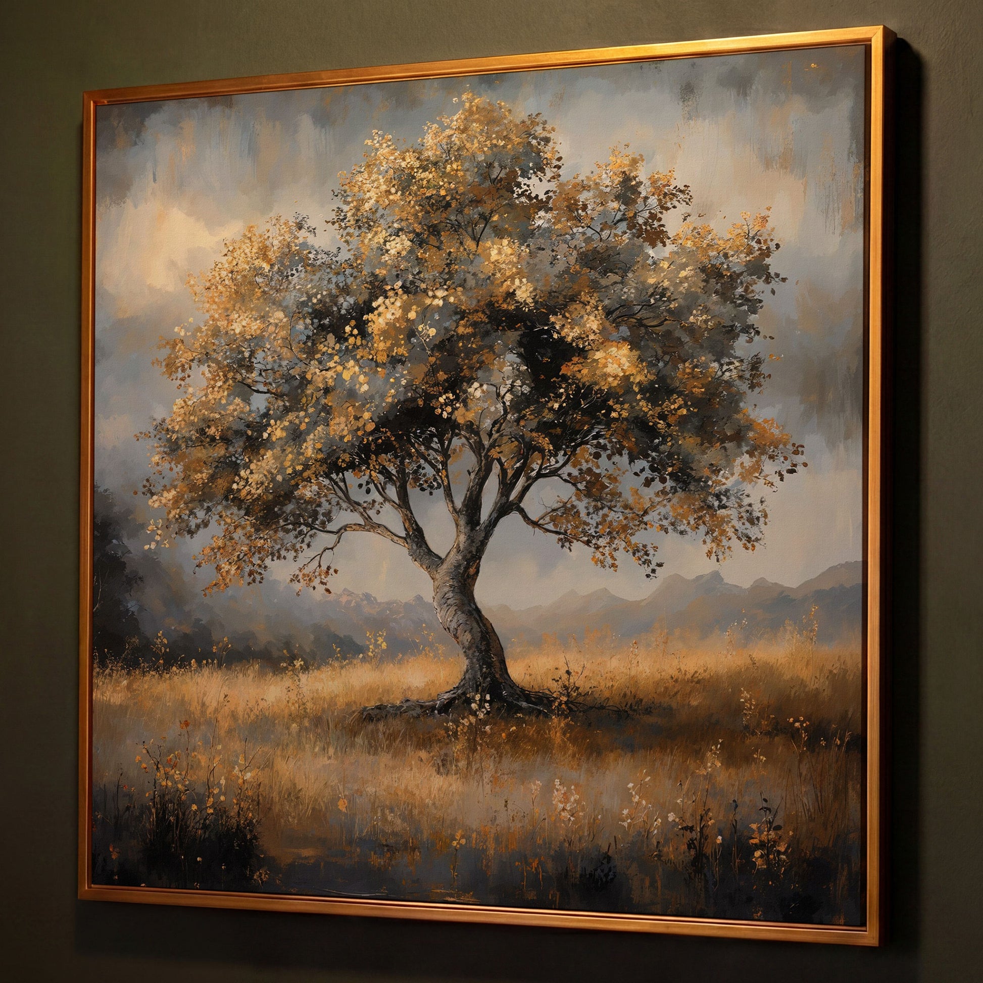 Serene Landscape Tree Canvas shown in antique gold floating frame