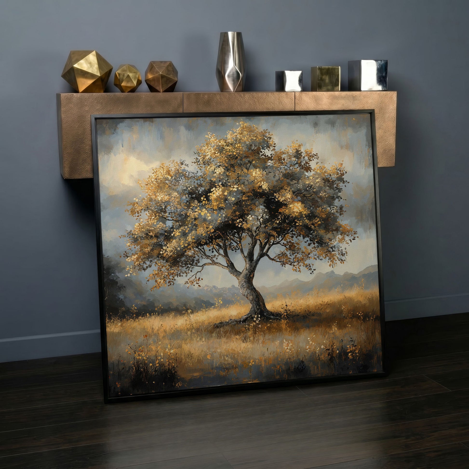 Serene Landscape Tree Canvas in black floating frame