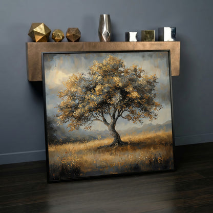 Serene Landscape Tree Canvas in black floating frame