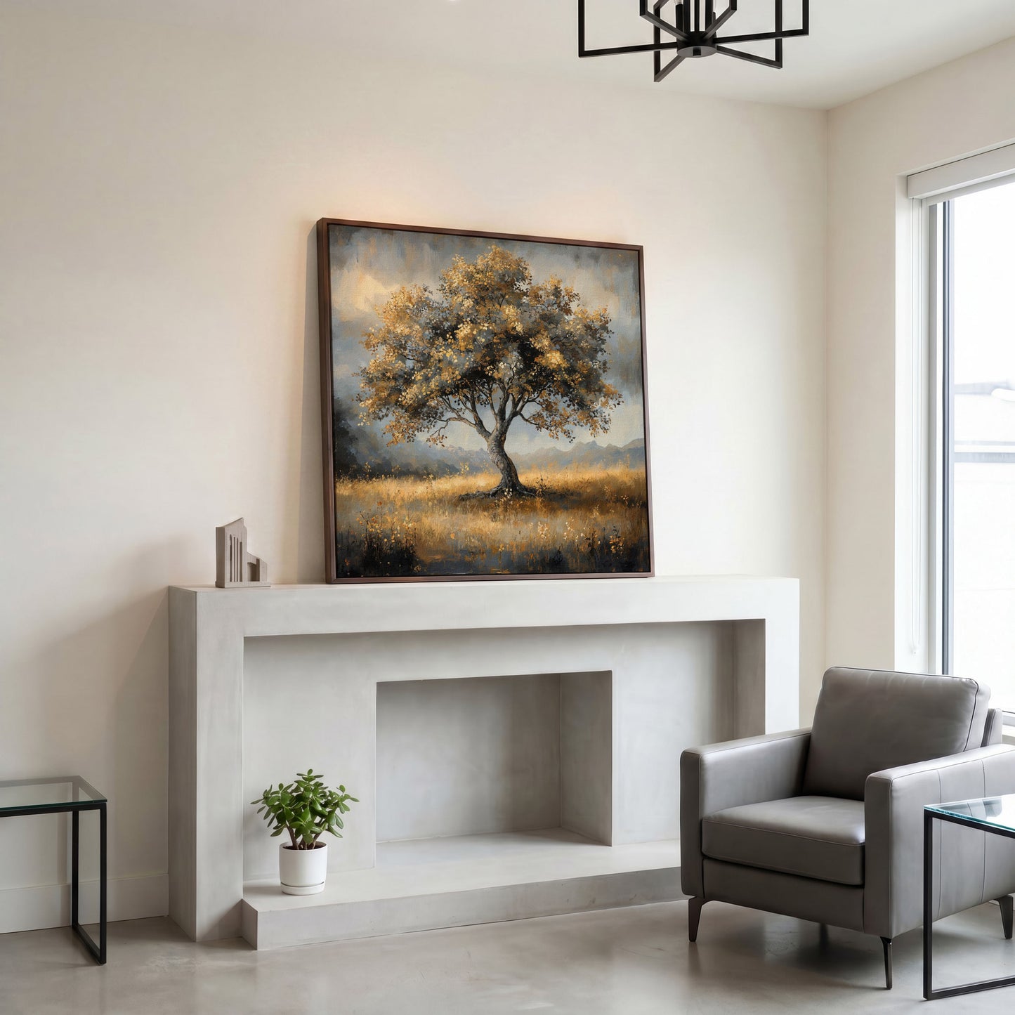 Serene Landscape Tree Canvas in dark walnut floating frame