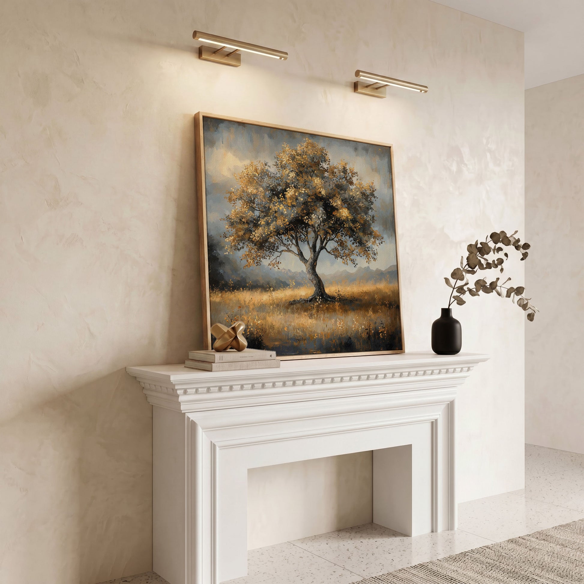 Serene Landscape Tree Canvas in white oak floating frame