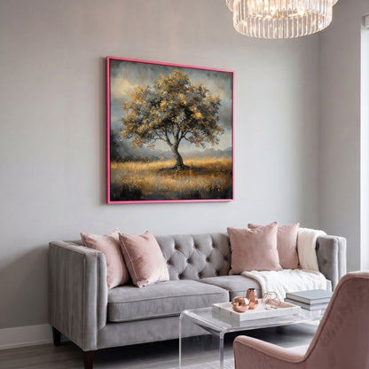 Serene Landscape Tree Canvas in pink floating frame