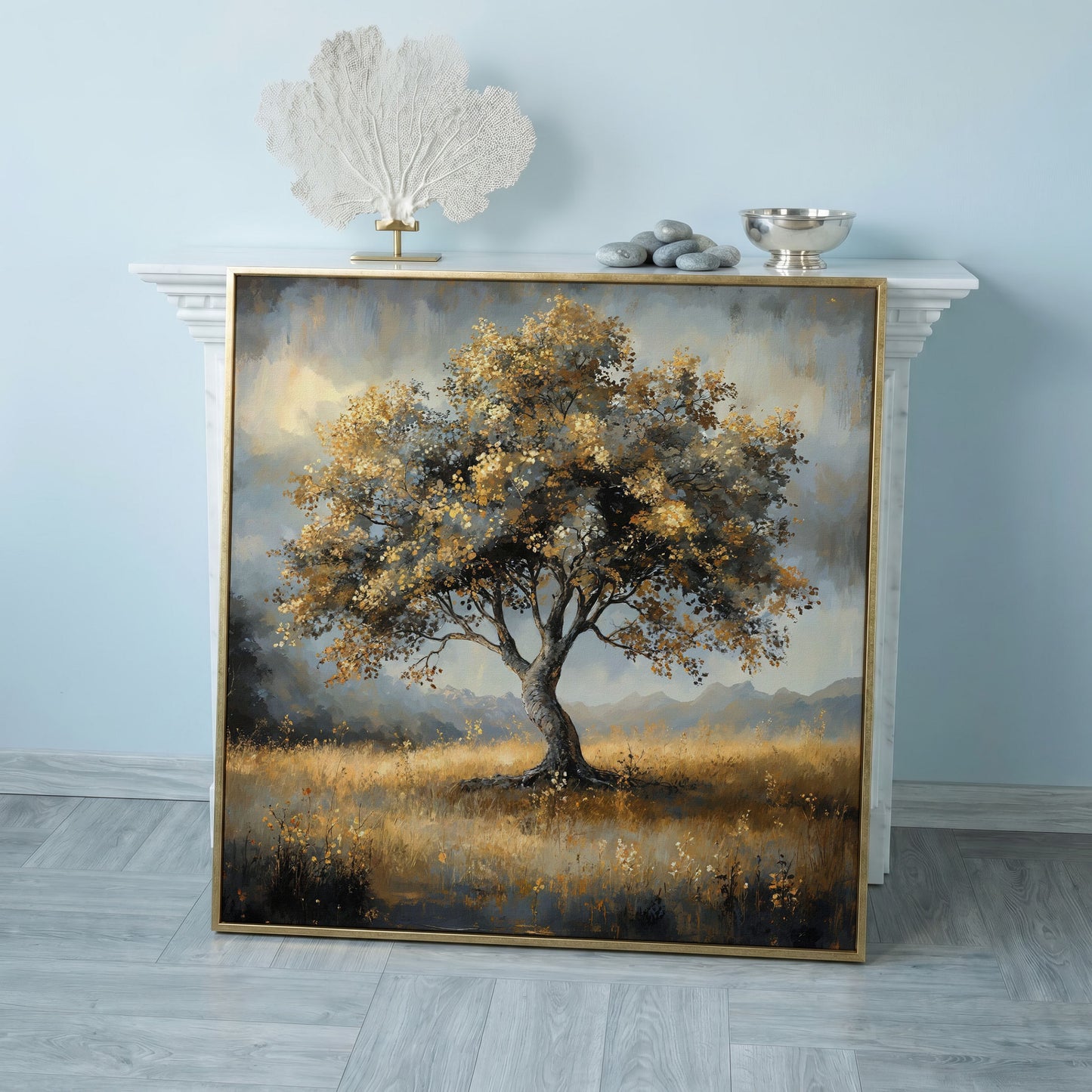 Serene Landscape Tree Canvas in rose gold floating frame