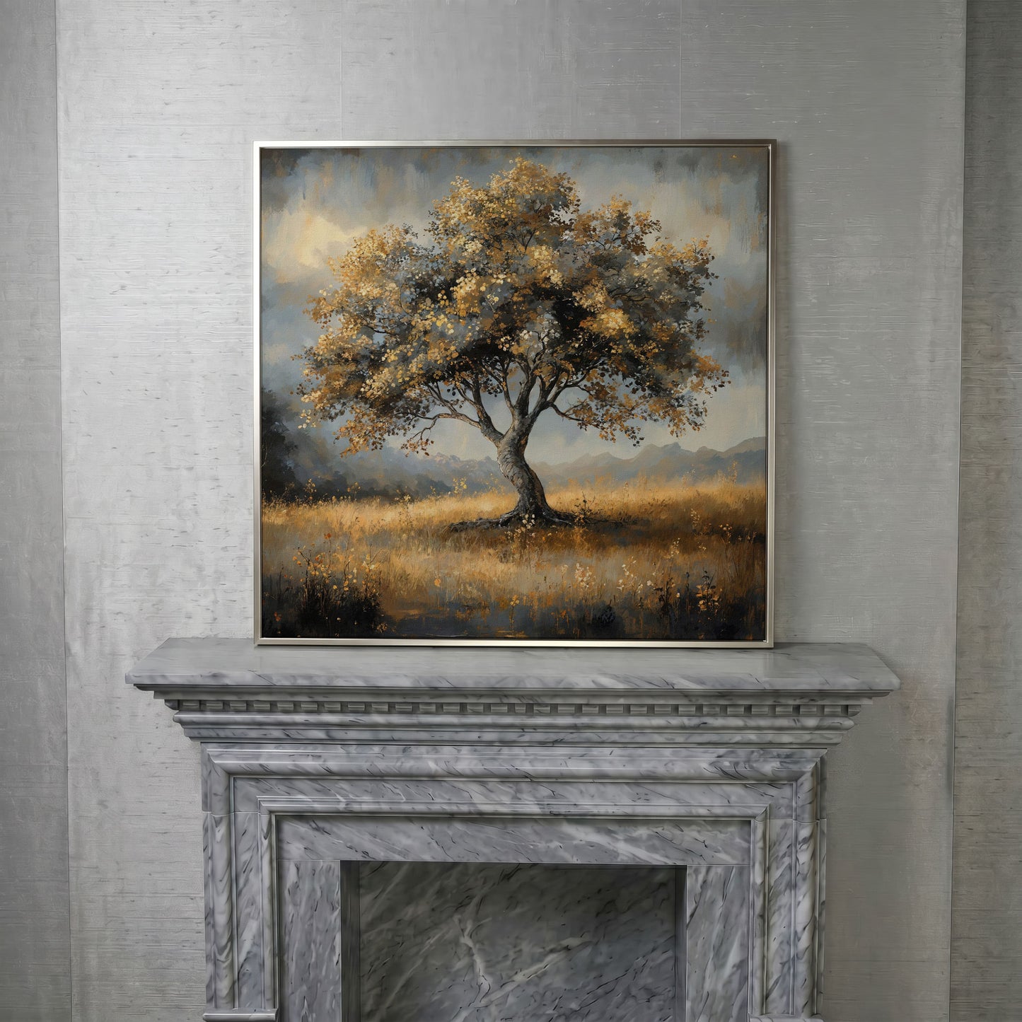 Serene Landscape Tree Canvas in silver floating frame