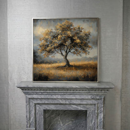 Serene Landscape Tree Canvas in silver floating frame