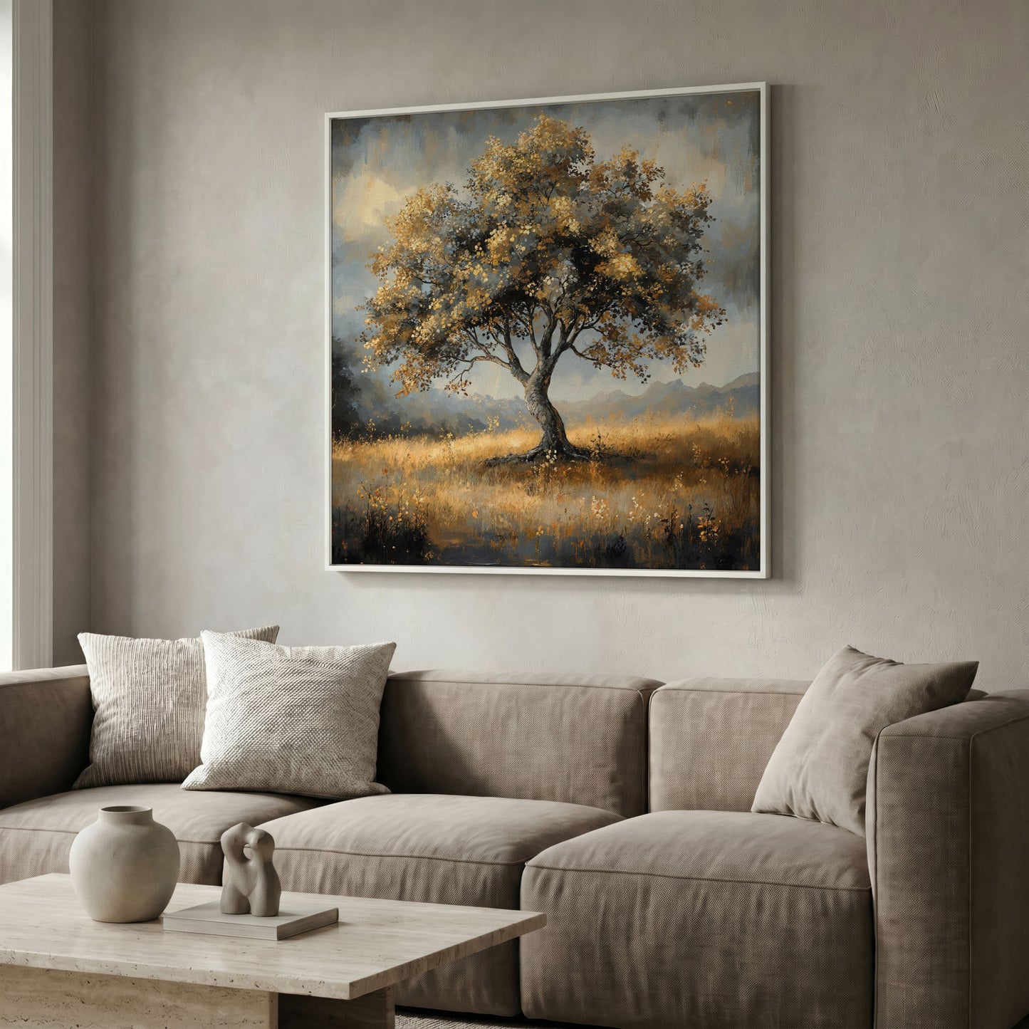 Serene Landscape Tree Canvas in white floating frame
