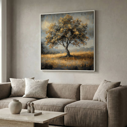 Serene Landscape Tree Canvas in white floating frame