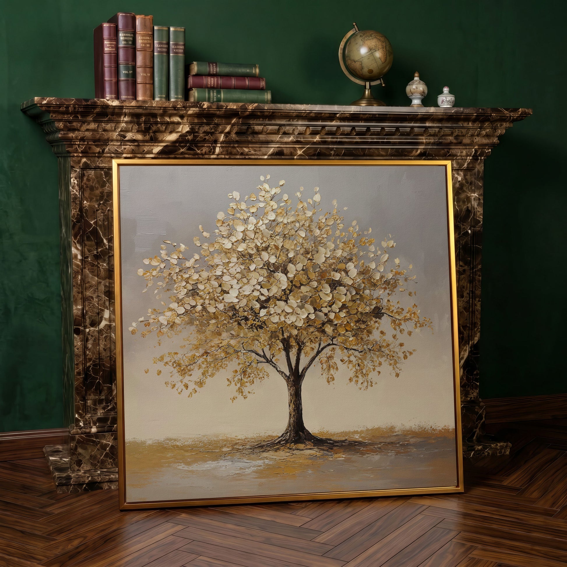 Golden Leaf Tree Square Canvas in antique gold floating frame