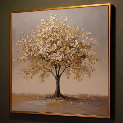 Golden Leaf Tree Square Canvas shown in antique gold floating frame
