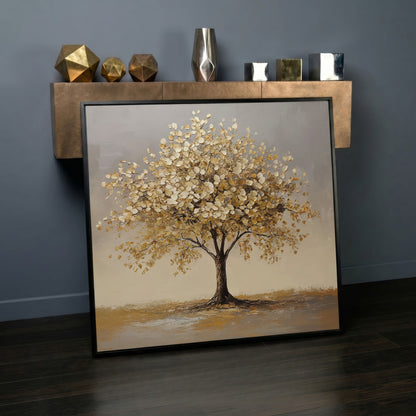 Golden Leaf Tree Square Canvas in black floating frame