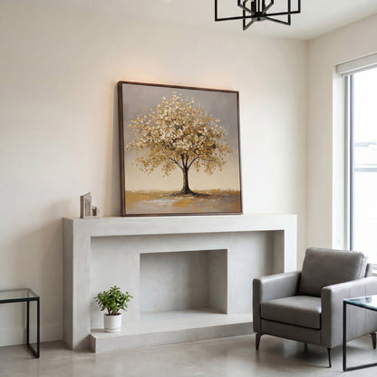 Golden Leaf Tree Square Canvas in dark walnut floating frame