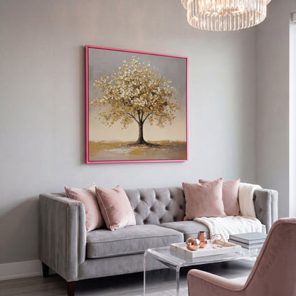 Golden Leaf Tree Square Canvas in pink floating frame