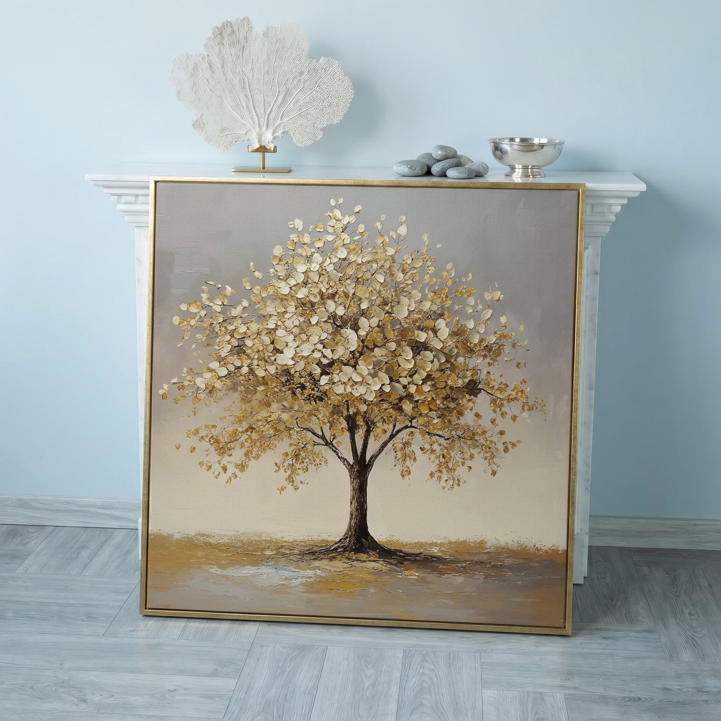 Golden Leaf Tree Square Canvas in rose gold floating frame
