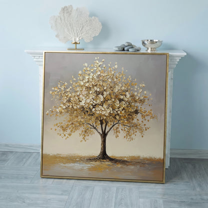 Golden Leaf Tree Square Canvas in rose gold floating frame