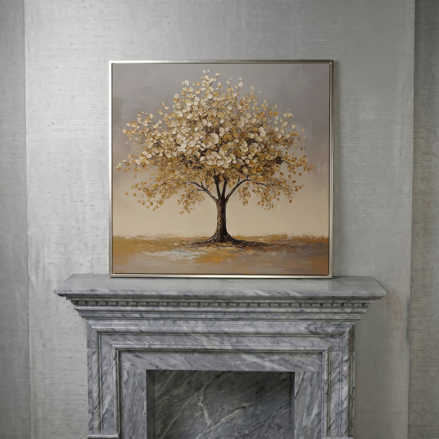 Golden Leaf Tree Square Canvas in silver floating frame