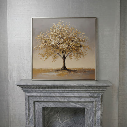 Golden Leaf Tree Square Canvas in silver floating frame