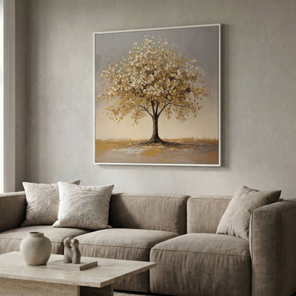 Golden Leaf Tree Square Canvas in white floating frame