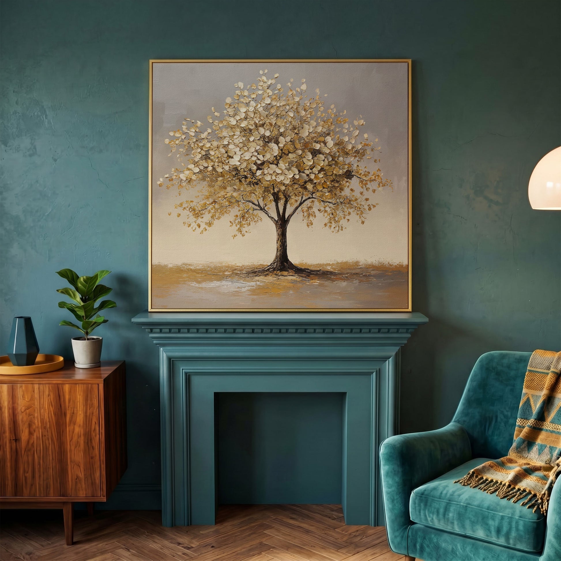 Golden Leaf Tree Square Canvas in yellow gold floating frame
