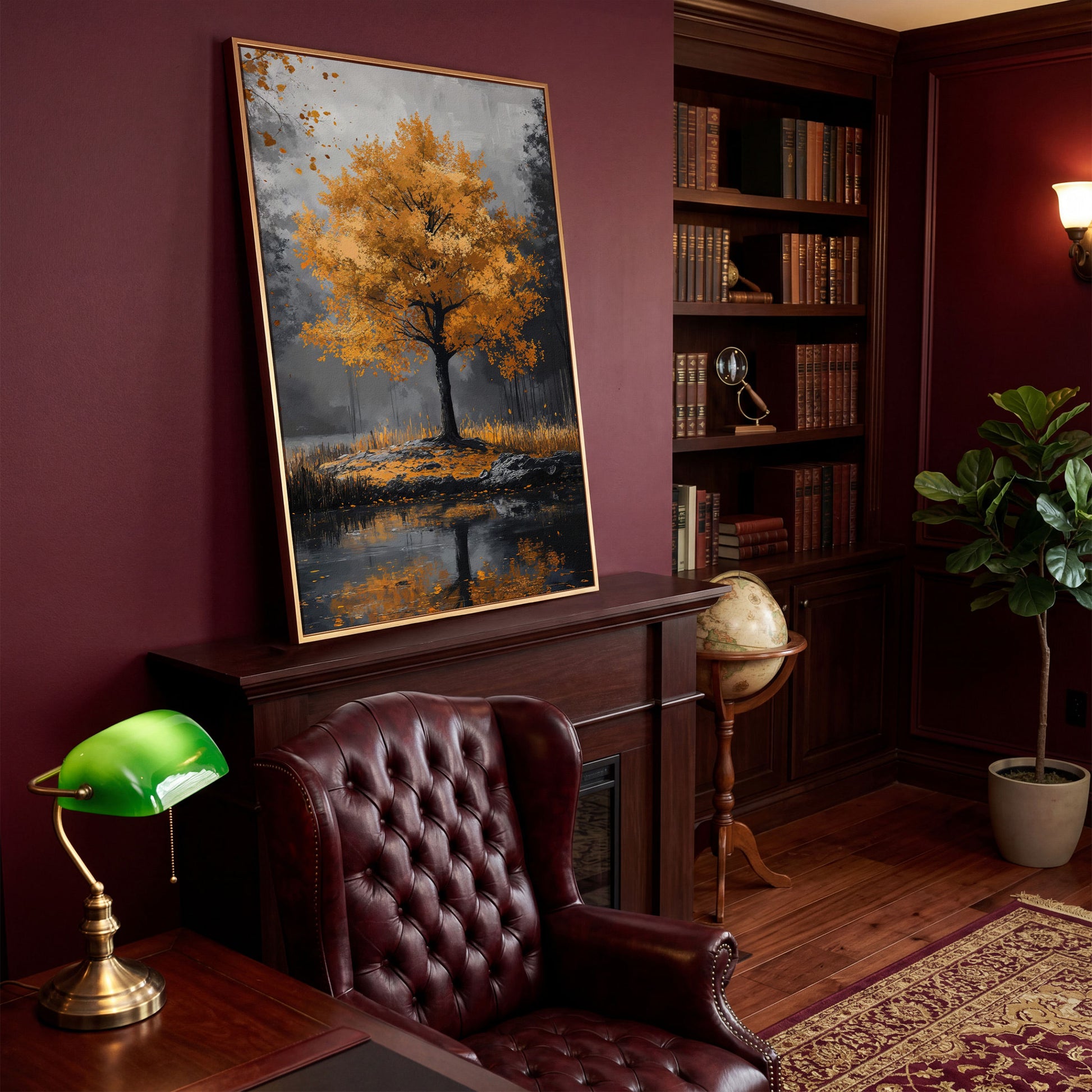 Burnt Orange Autumn Tree & Lake Canvas Print in antique gold floating frame