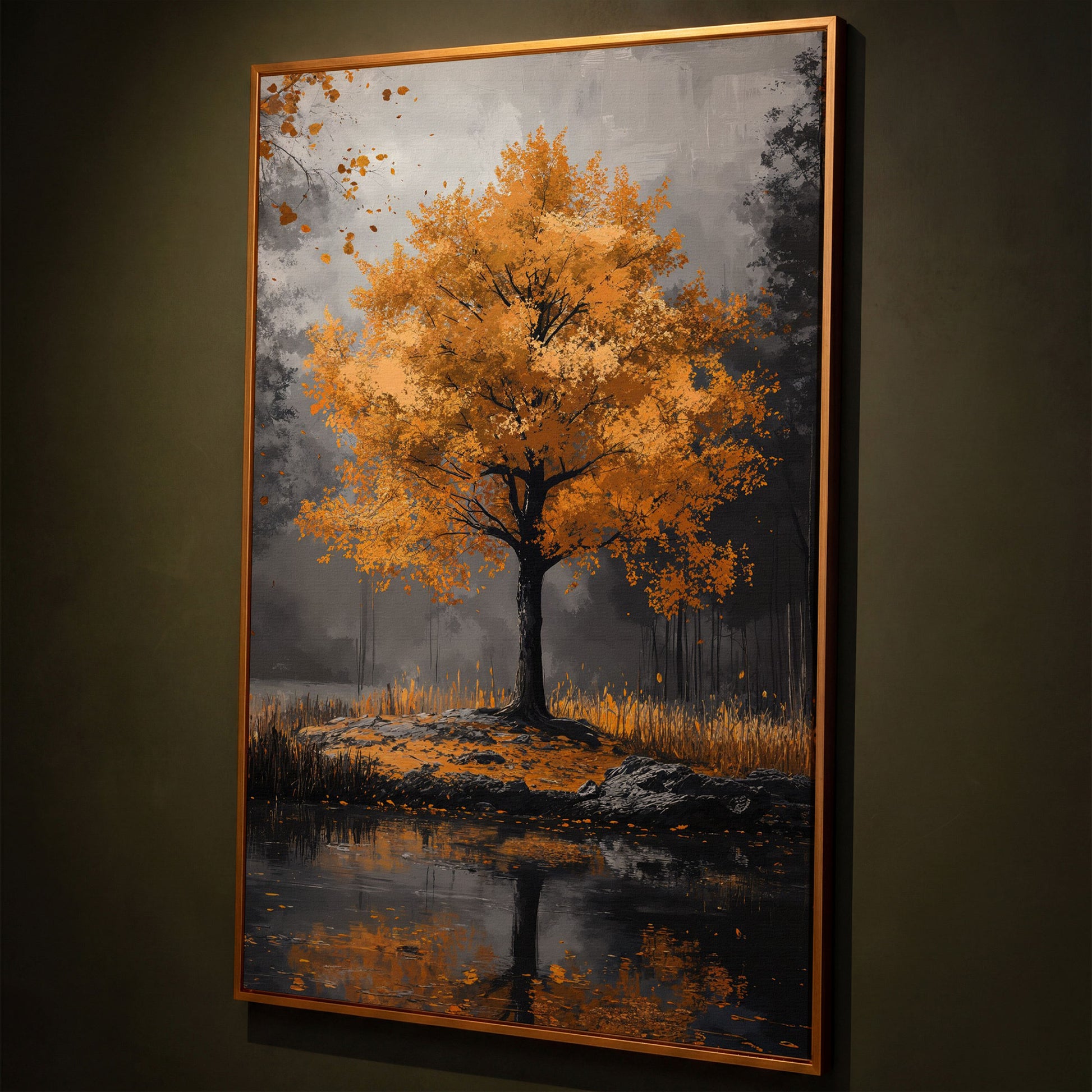 Burnt Orange Autumn Tree & Lake Canvas Print shown in antique gold floating frame