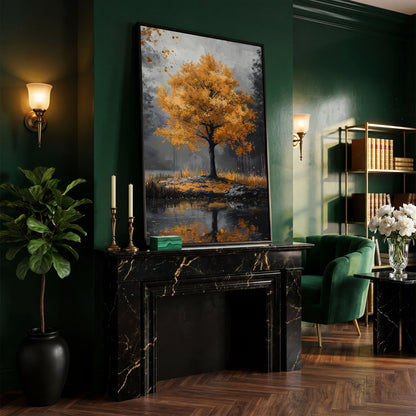 Burnt Orange Autumn Tree & Lake Canvas Print in black floating frame