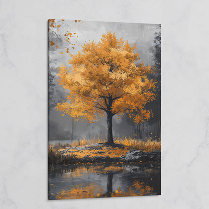 Burnt Orange Autumn Tree & Lake Canvas Print on gallery wrap