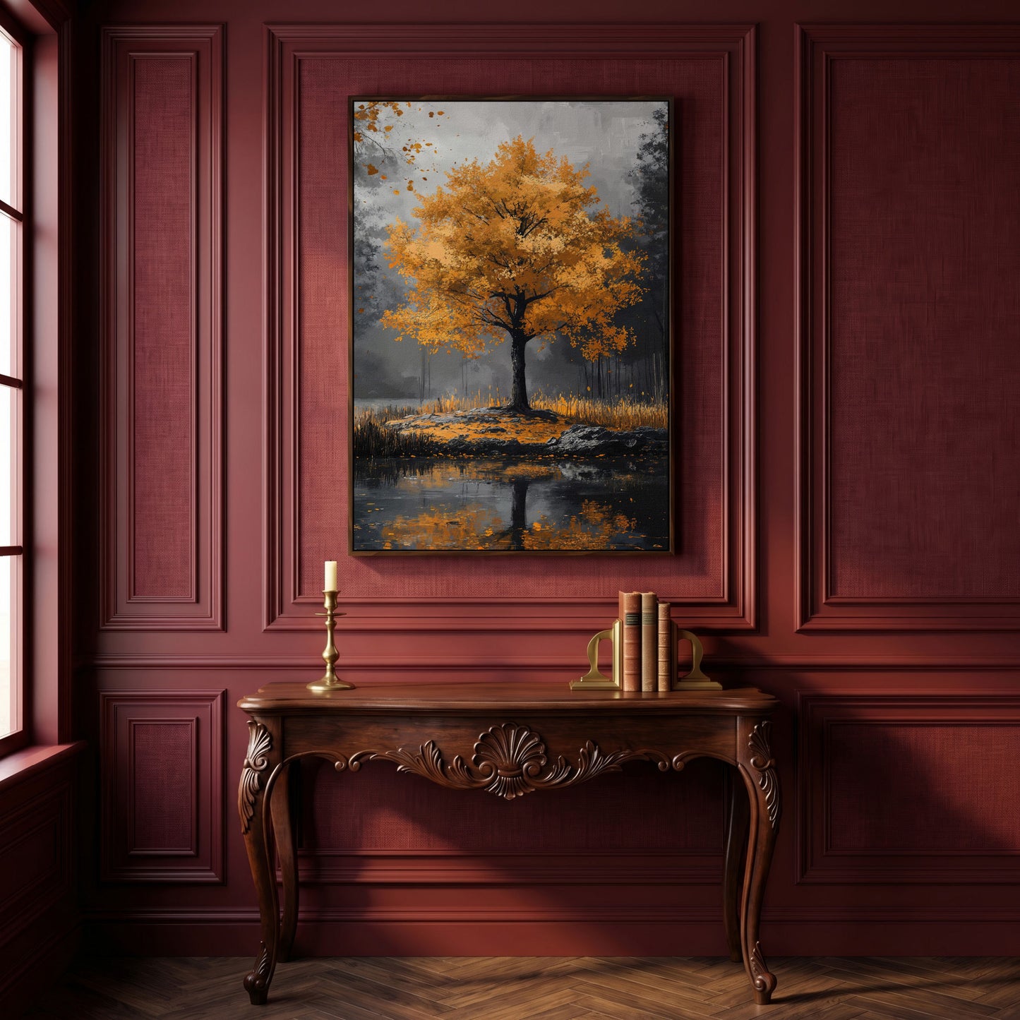 Burnt Orange Autumn Tree & Lake Canvas Print in dark walnut floating frame