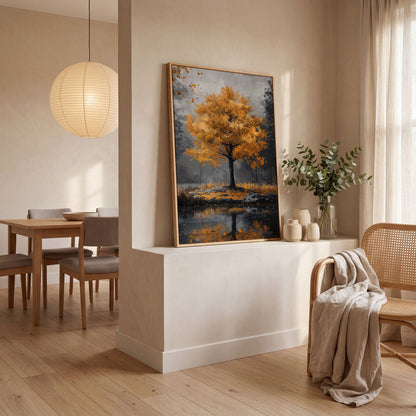 Burnt Orange Autumn Tree & Lake Canvas Print in white oak floating frame
