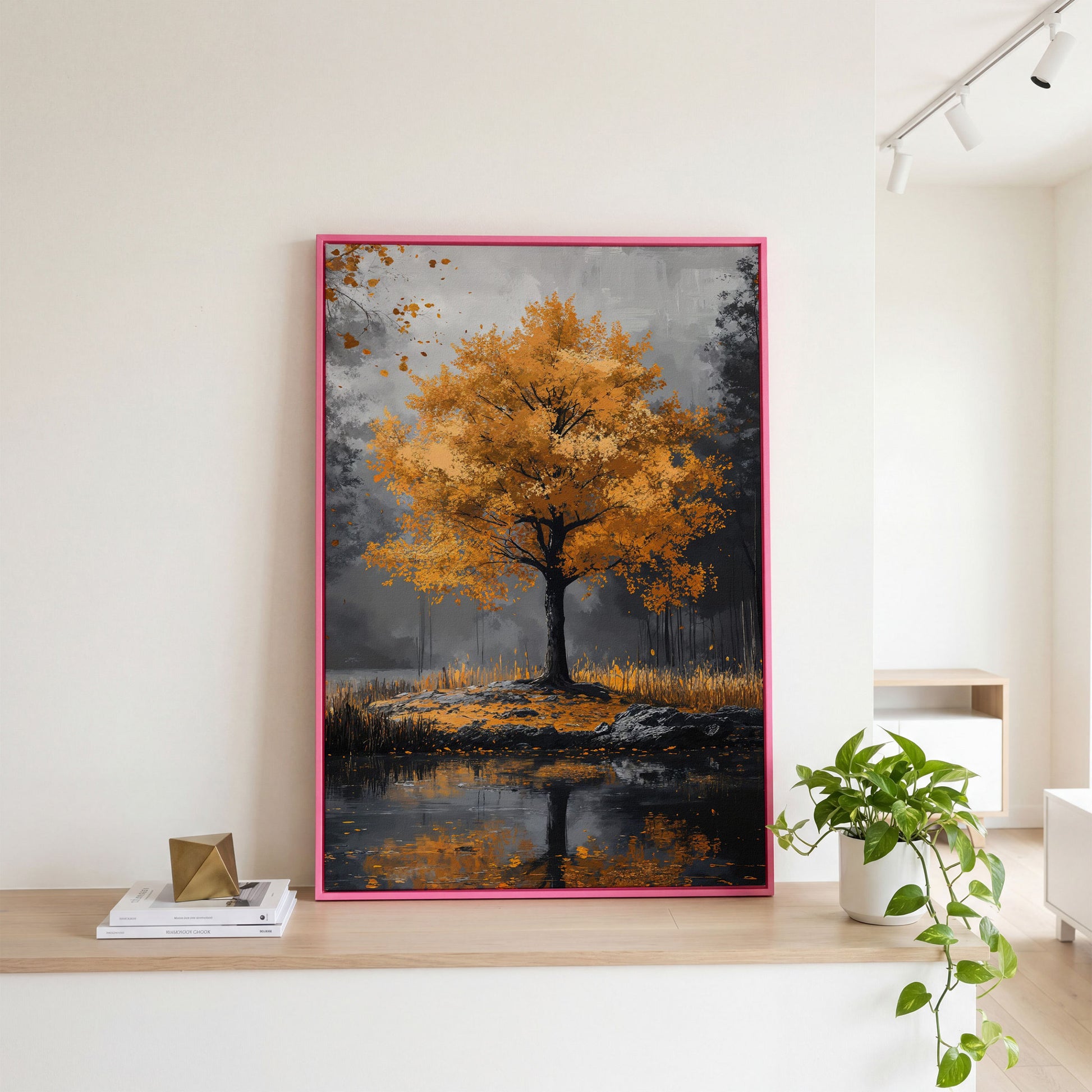 Burnt Orange Autumn Tree & Lake Canvas Print in pink floating frame