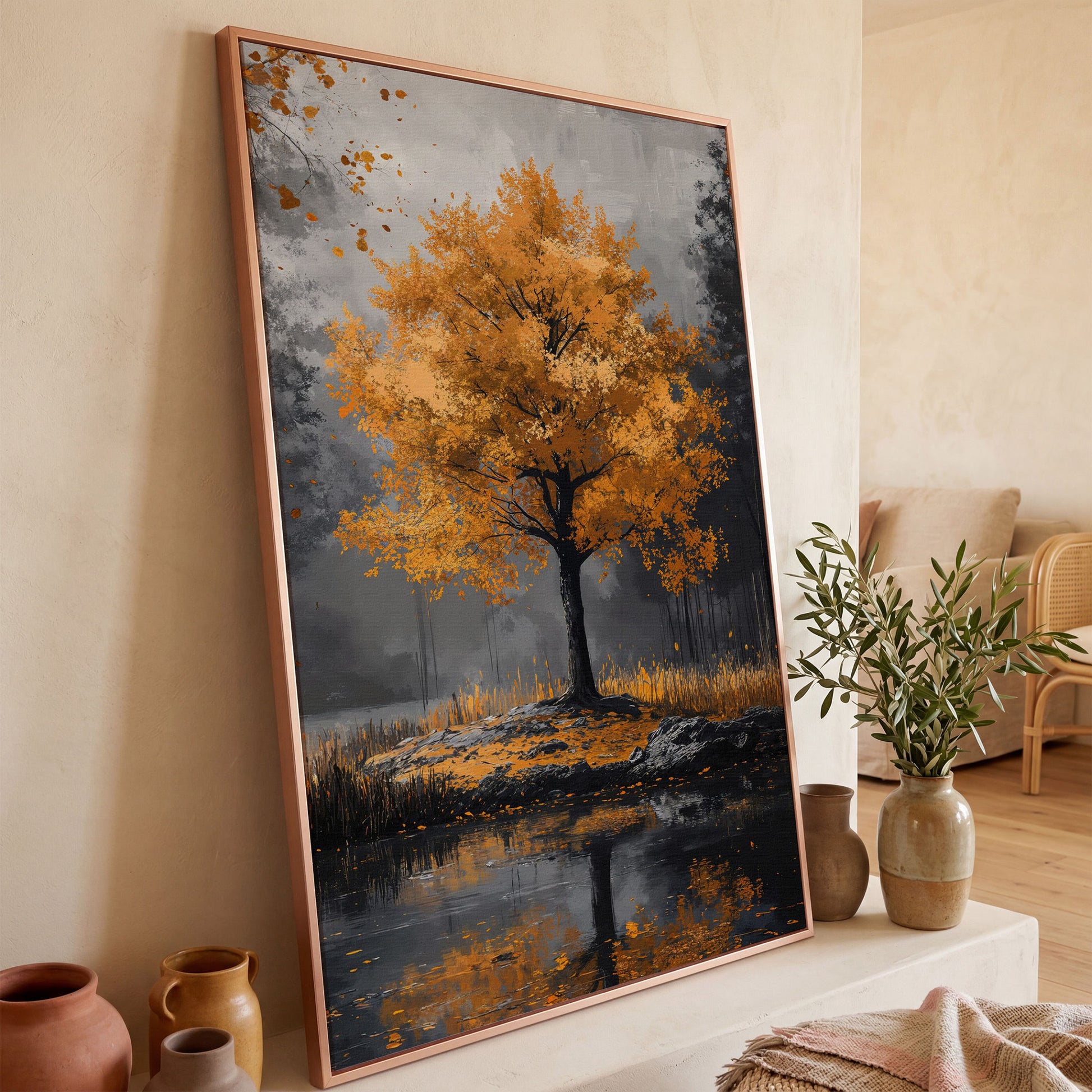 Burnt Orange Autumn Tree & Lake Canvas Print in rose gold floating frame