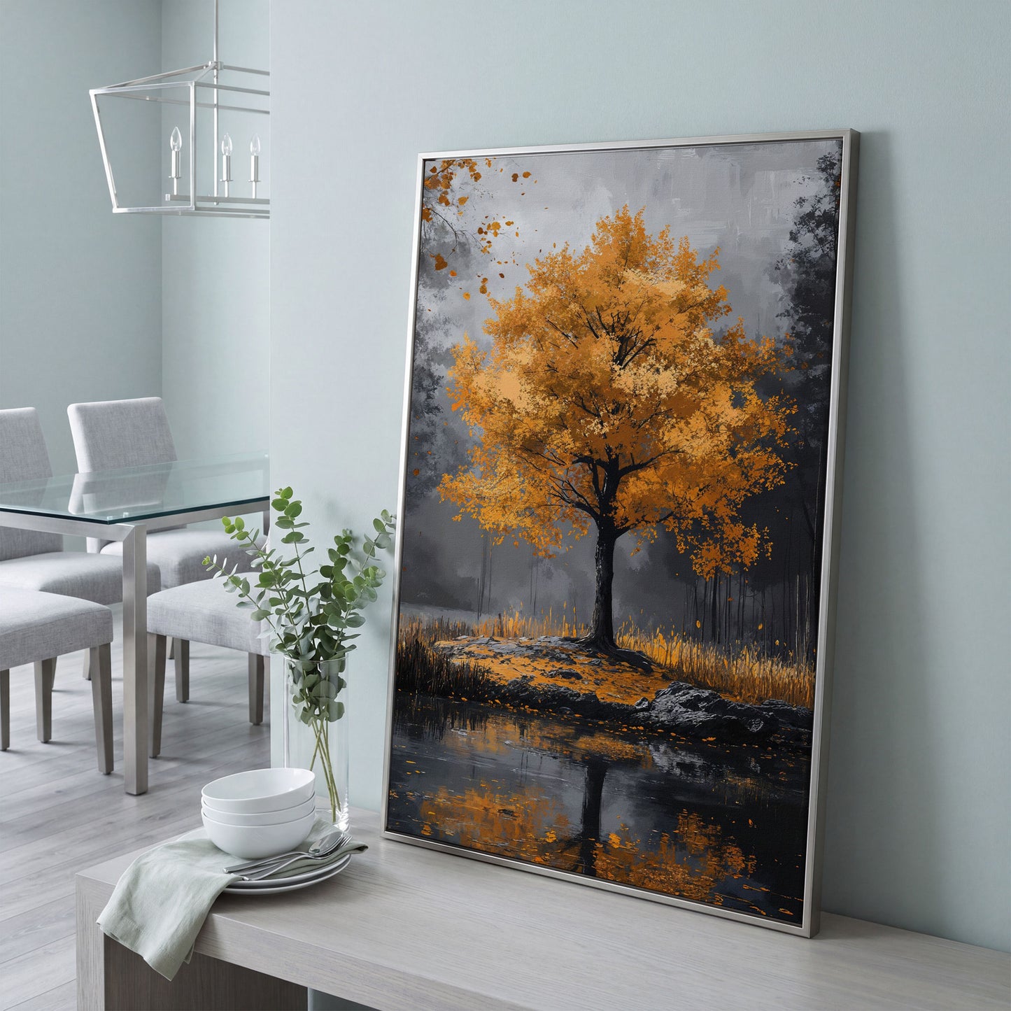 Burnt Orange Autumn Tree & Lake Canvas Print in silver floating frame