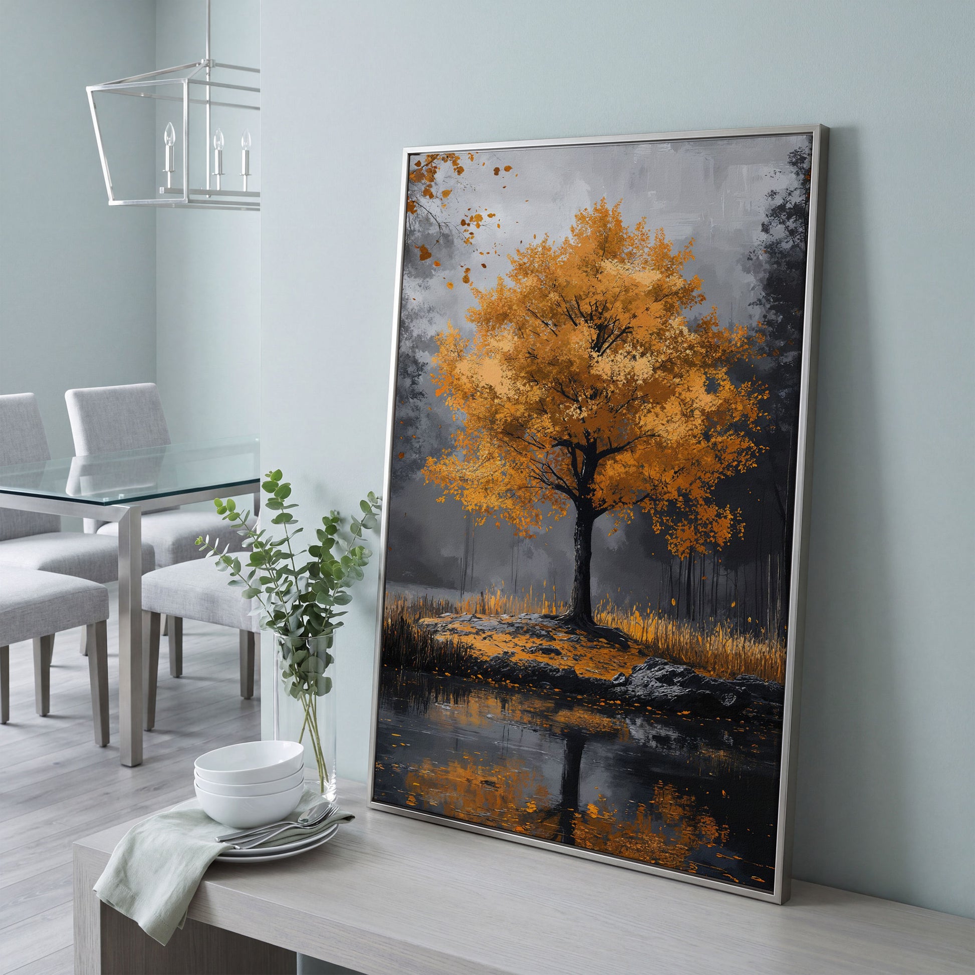 Burnt Orange Autumn Tree & Lake Canvas Print in silver floating frame