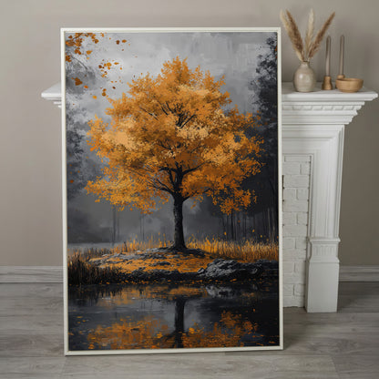 Burnt Orange Autumn Tree & Lake Canvas Print in white floating frame