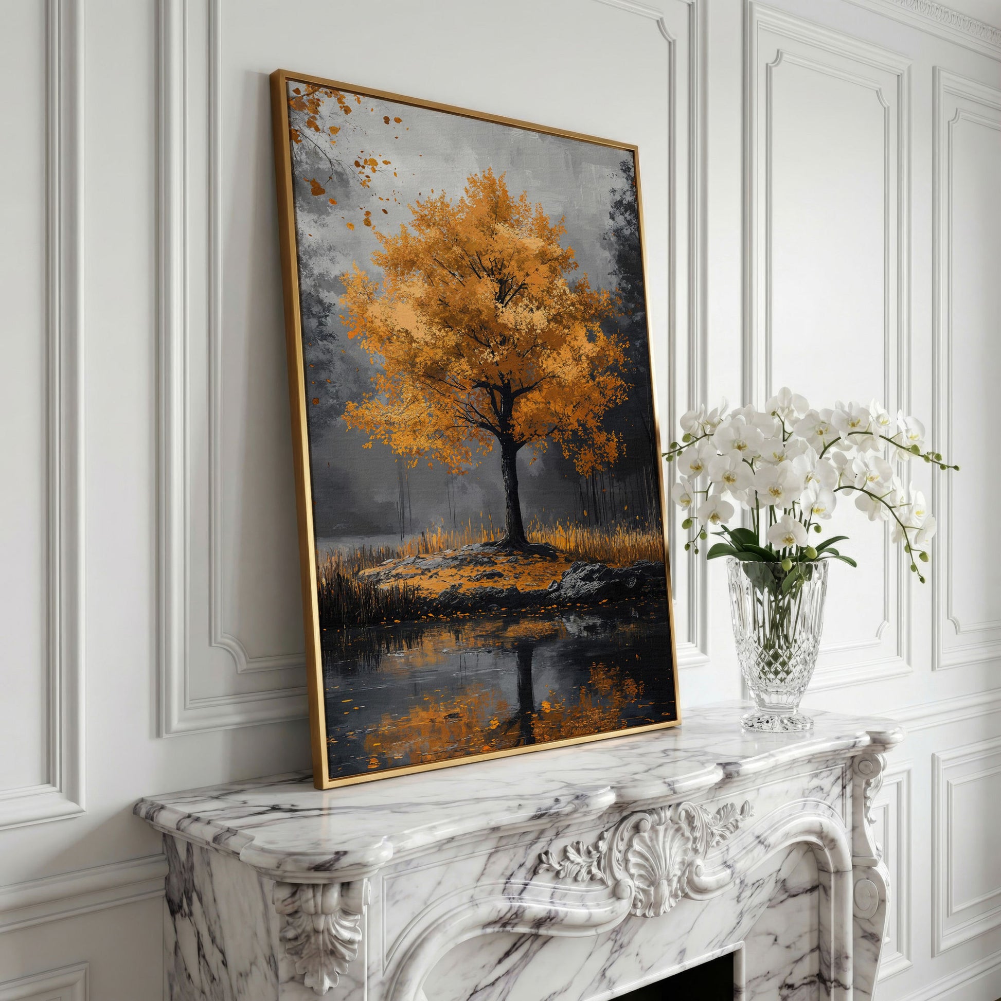 Burnt Orange Autumn Tree & Lake Canvas Print in yellow gold floating frame