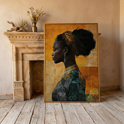 African Woman Profile in Mustard and Teal canvas in antique gold floating frame