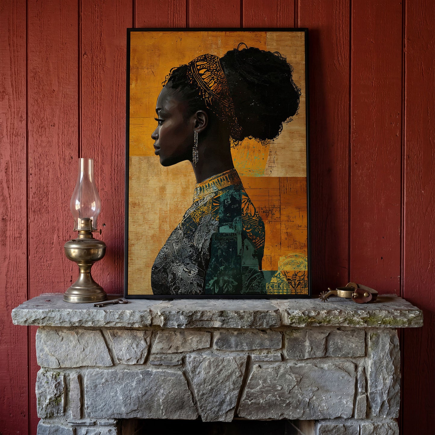 African Woman Profile in Mustard and Teal canvas in black floating frame