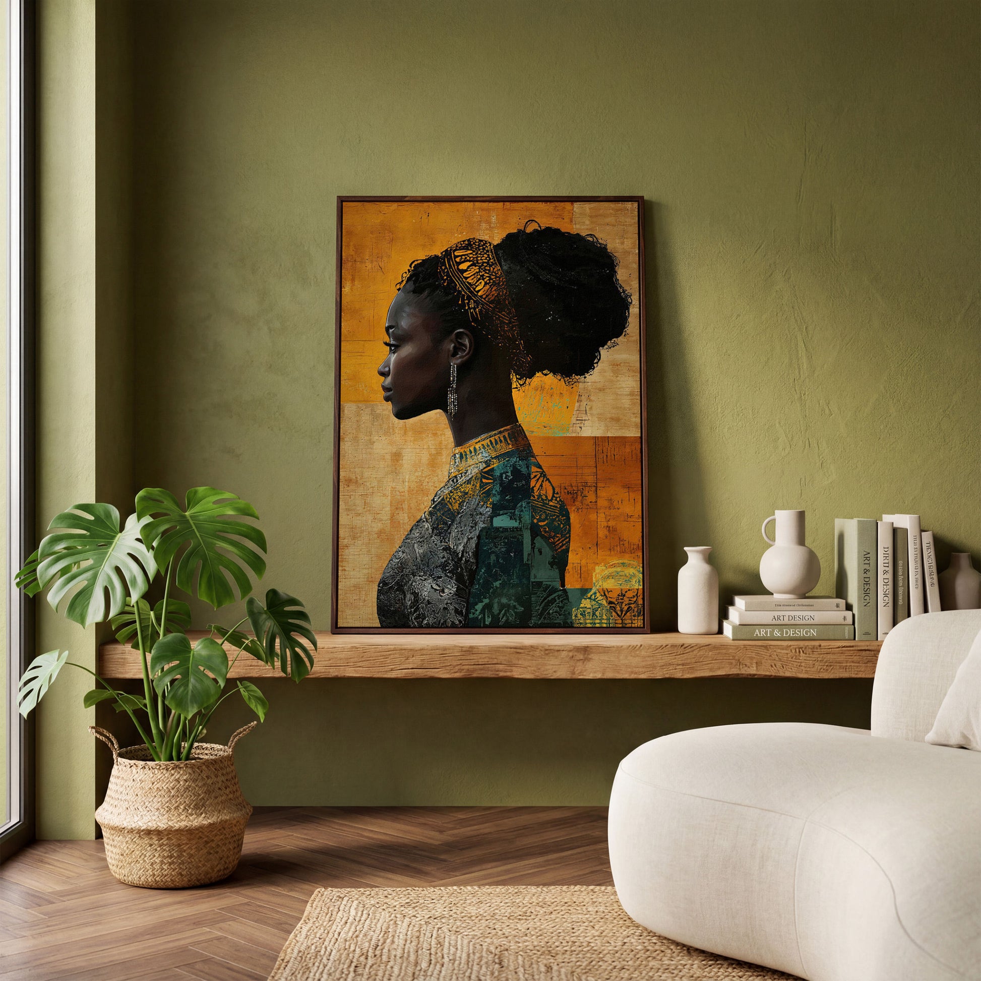 African Woman Profile in Mustard and Teal canvas in dark walnut floating frame