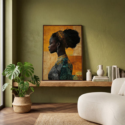 African Woman Profile in Mustard and Teal canvas in dark walnut floating frame