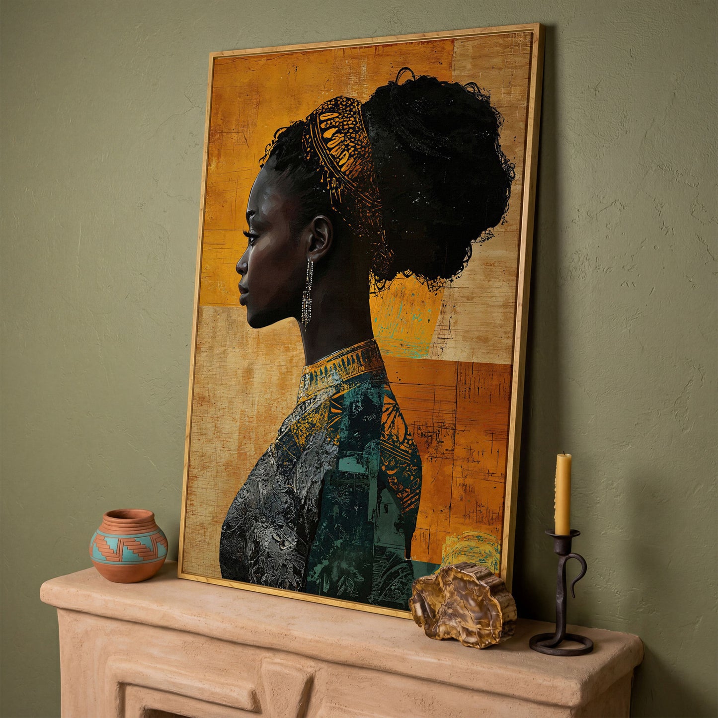 African Woman Profile in Mustard and Teal canvas in white oak floating frame