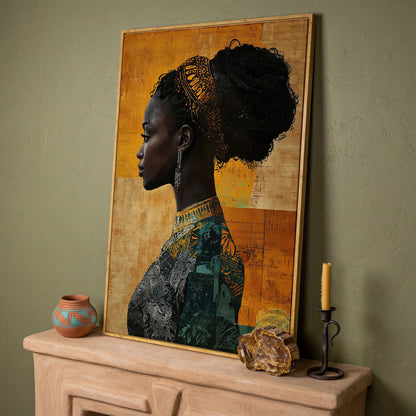 African Woman Profile in Mustard and Teal canvas in white oak floating frame