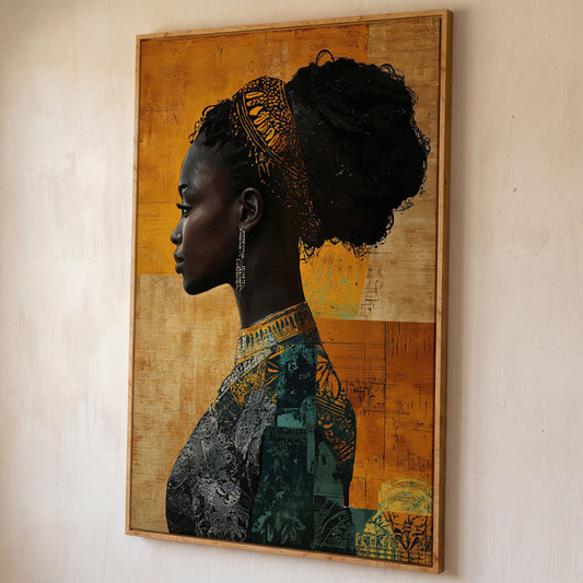 African Woman Profile in Mustard and Teal canvas shown in white oak floating frame