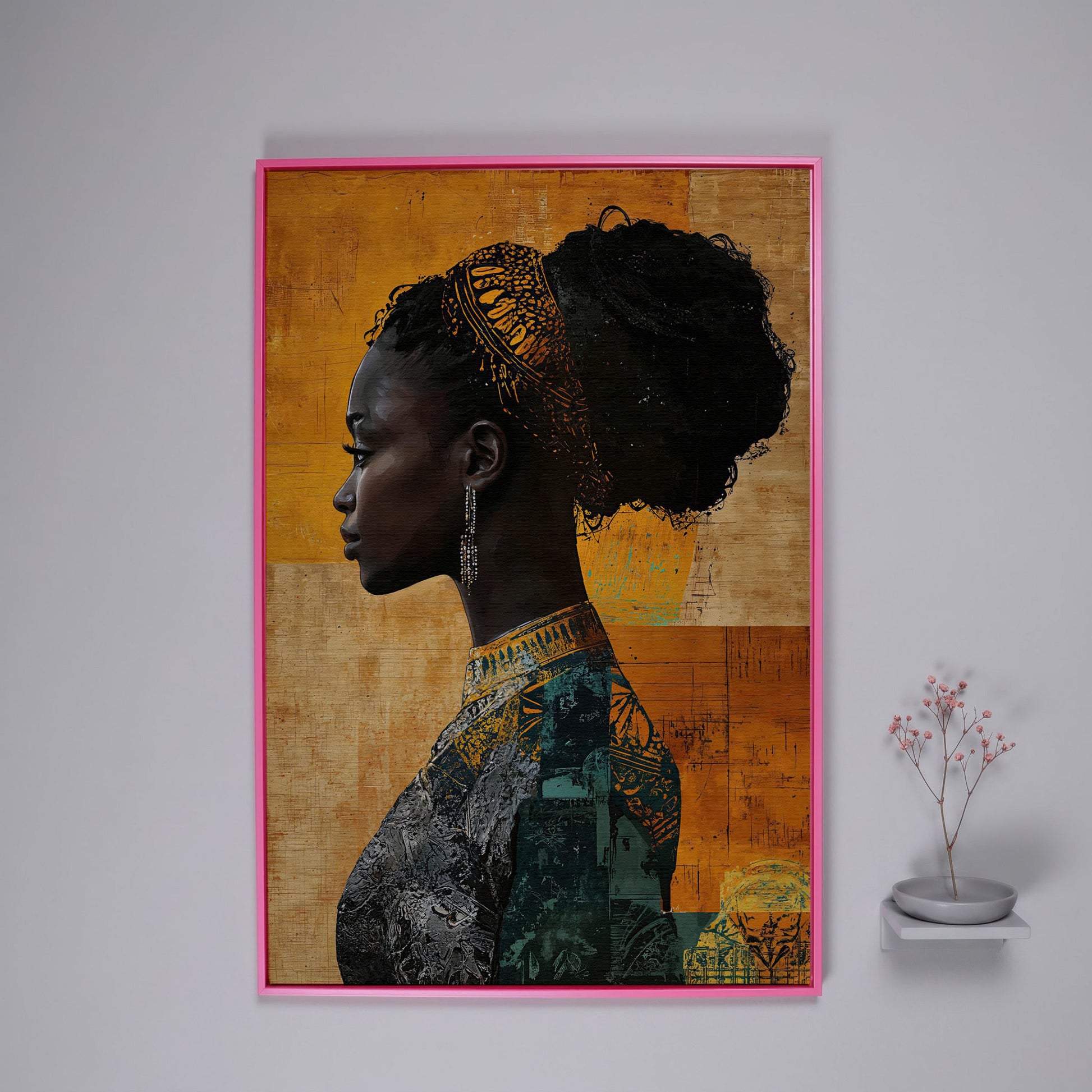 African Woman Profile in Mustard and Teal canvas in pink floating frame