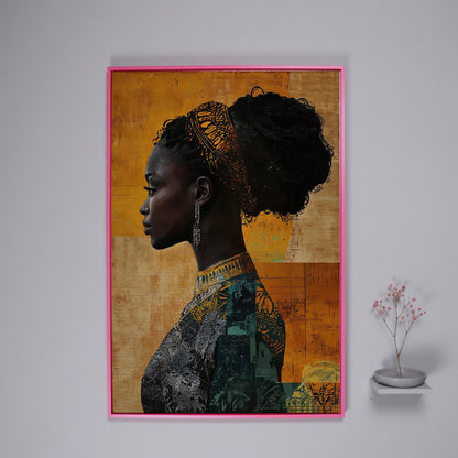 African Woman Profile in Mustard and Teal canvas in pink floating frame