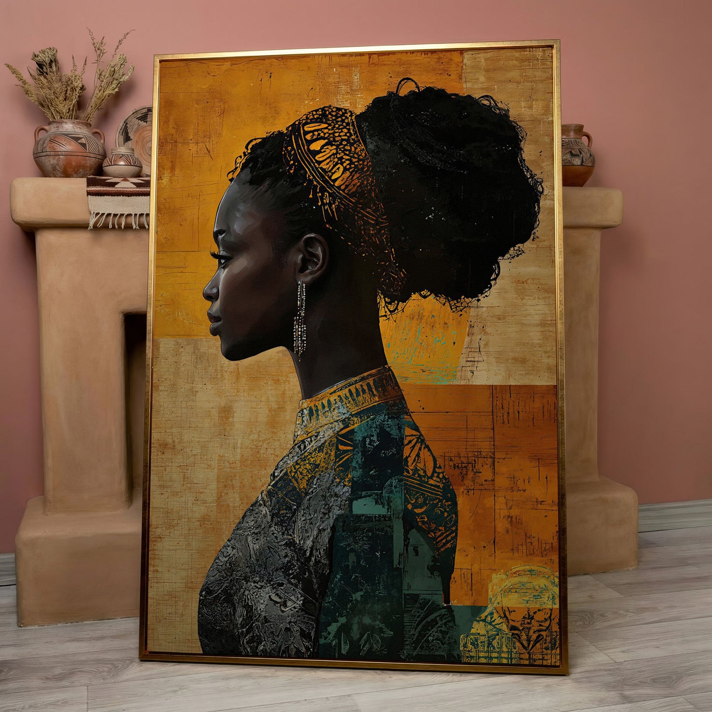 African Woman Profile in Mustard and Teal canvas in rose gold floating frame
