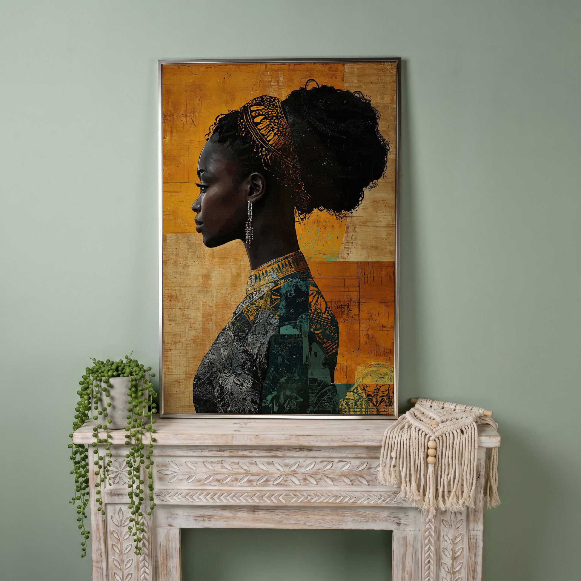 African Woman Profile in Mustard and Teal canvas in silver floating frame