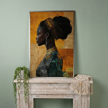 African Woman Profile in Mustard and Teal canvas in silver floating frame