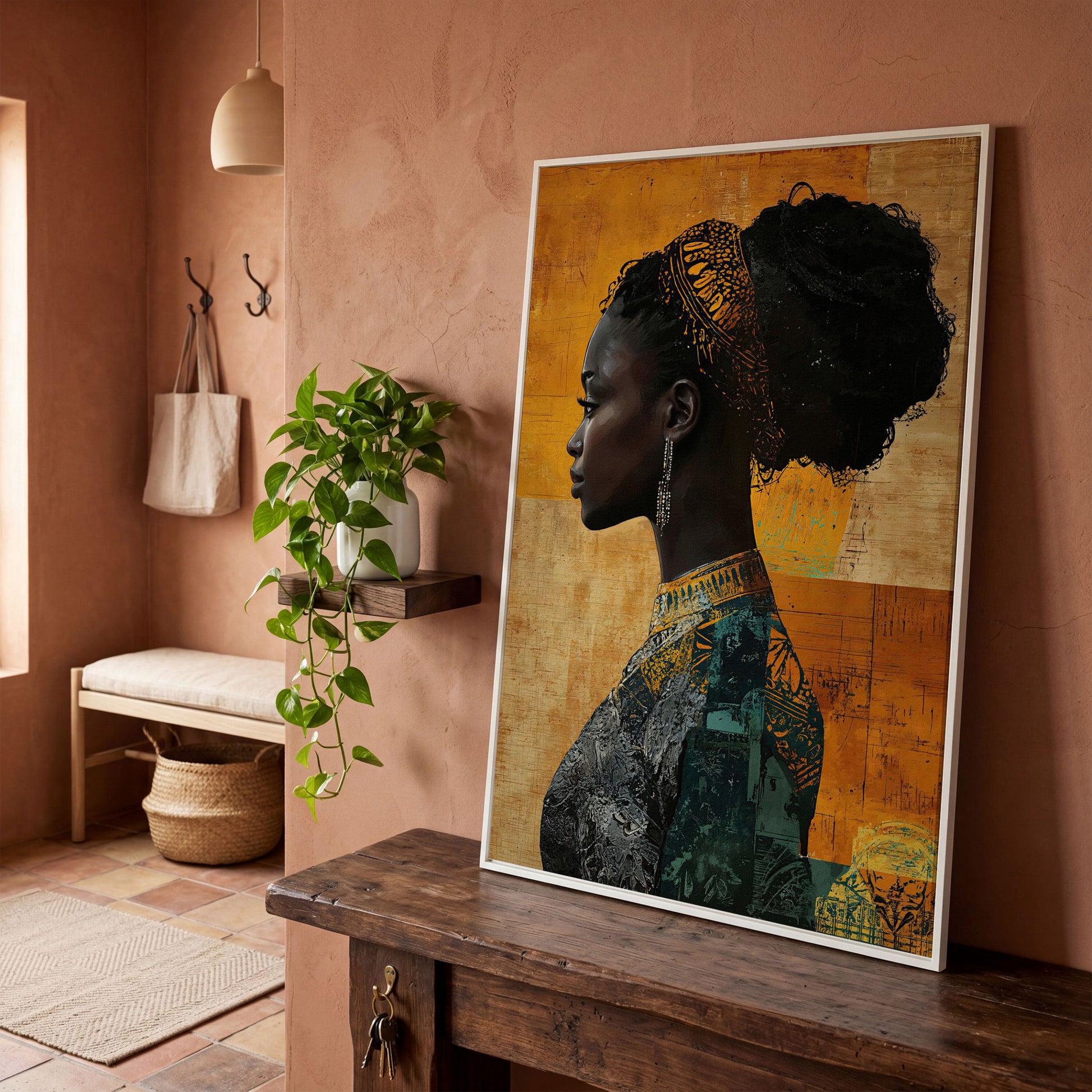 African Woman Profile in Mustard and Teal canvas in white floating frame